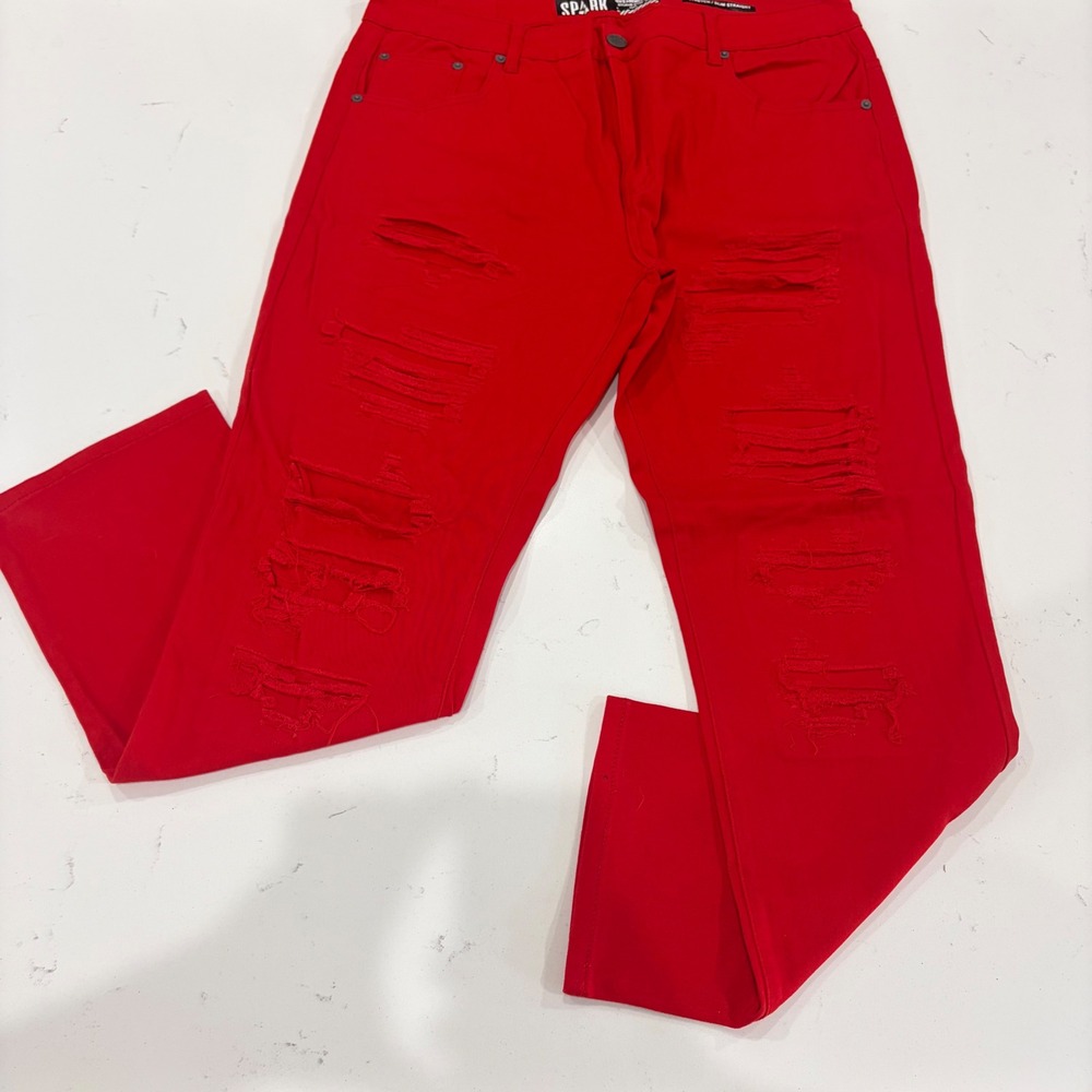 Spark Premium Denim Red Distressed Slim Straight Jeans Mens 42x32 Stretch Studio